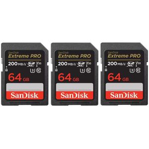 SanDisk 64GB SDXC Extreme Pro UHS-I U3 V30 200MB/s geheugenkaart - Rescue Pro DL 2Y - 3-pack