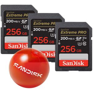 SanDisk 256GB SDXC Extreme Pro UHS-I U3 V30 200MB/s geheugenkaart - 3-pack + Gratis SanDisk strandbal