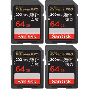 SanDisk 64GB SDXC Extreme Pro UHS-I U3 V30 200MB/s geheugenkaart - Rescue Pro DL 2Y - 4-pack
