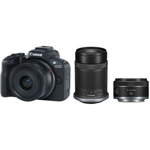 Canon EOS R50 systeemcamera Zwart + RF-S 18-45mm IS STM + RF-S 55-210mm f/5-7.1 IS STM + RF 50mm f/1.8 STM