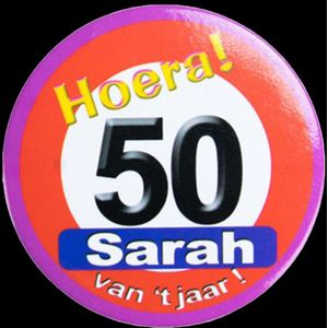 Button verkeersbord Sarah - hoera 50