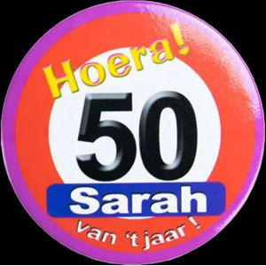 Button verkeersbord Sarah - hoera 50