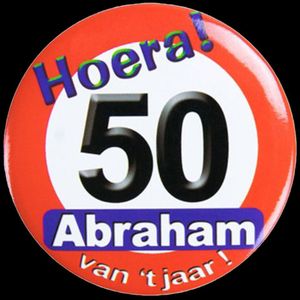 Button verkeersbord Abraham - hoera 50