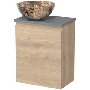 Toiletmeubel met waskom | 41 cm Lichtbruin eiken Greeploos front Dark emperador Natuursteen waskom Middengrijs blad