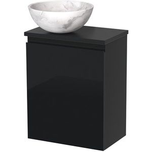 Toiletmeubel met waskom | 41 cm Hoogglans zwart Greeploos front Wit marmer Natuursteen waskom Mat zwart blad