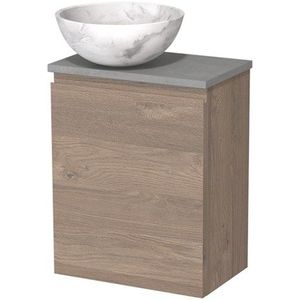 Toiletmeubel met waskom | 41 cm Middenbruin eiken Greeploos front Wit marmer Natuursteen waskom Lichtgrijs beton blad