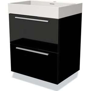 Modulo Badkamermeubel met wastafel | 60 cm Hoogglans zwart Vlak front Solid surface 2 lades onder elkaar