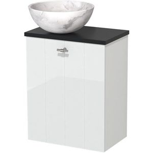 Toiletmeubel met waskom | 41 cm Hoogglans wit Lamel front Wit marmer Natuursteen waskom Mat zwart blad
