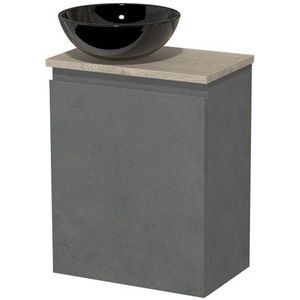 Toiletmeubel met waskom | 41 cm Donkergrijs beton Greeploos front Hoogglans zwart Keramiek waskom Lichtgrijs eiken blad