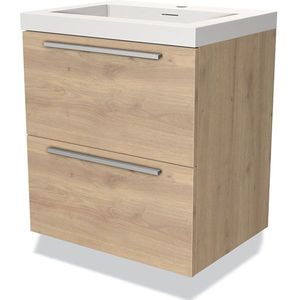 Modulo Badkamermeubel met wastafel | 60 cm Lichtbruin eiken Vlak front Solid surface 2 lades onder elkaar