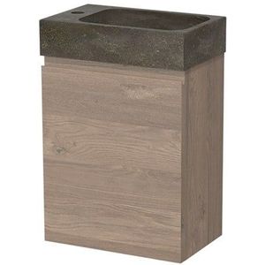 Modulo Pico Toiletmeubel met wastafel | 40 cm Middenbruin eiken Greeploos front Natuursteen