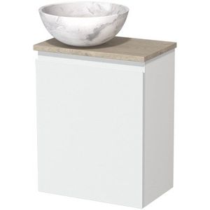 Toiletmeubel met waskom | 41 cm Mat wit Greeploos front Wit marmer Natuursteen waskom Lichtgrijs eiken blad