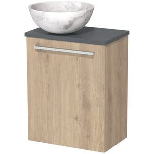 Toiletmeubel met waskom | 41 cm Lichtbruin eiken Vlak front Wit marmer Natuursteen waskom Donkergrijs blad