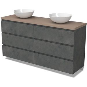 Modulo Plato Badkamermeubel voor waskom | 160 cm Donkergrijs beton Greeploos front Taupe blad 6 lades