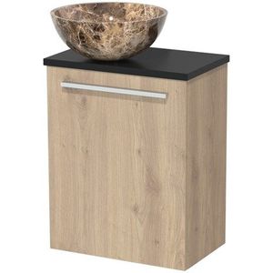 Toiletmeubel met waskom | 41 cm Lichtbruin eiken Vlak front Dark emperador Natuursteen waskom Mat zwart blad