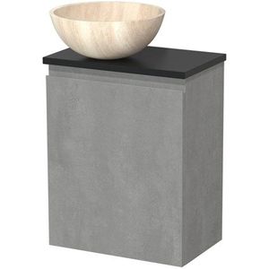 Toiletmeubel met waskom | 41 cm Lichtgrijs beton Greeploos front Travertin Natuursteen waskom Mat zwart blad
