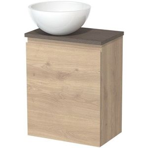 Toiletmeubel met waskom | 41 cm Lichtbruin eiken Vlak front Hoogglans wit Mineraalmarmer waskom Donkerbruin eiken blad