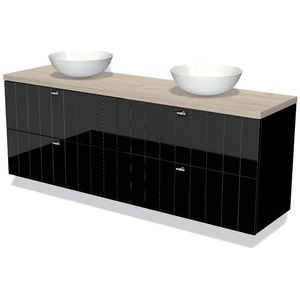 Modulo Plato Badkamermeubel voor waskom | 180 cm Hoogglans zwart Lamel front Lichtgrijs eiken blad 4 lades