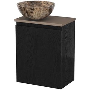 Toiletmeubel met waskom | 41 cm Zwart eiken Greeploos front Dark emperador Natuursteen waskom Taupe blad