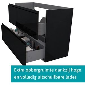 Modulo Plato Slim Badkamermeubel voor waskom | 120 cm Hoogglans zwart Greeploos front Middenbruin eiken blad 2 lades onder elkaar