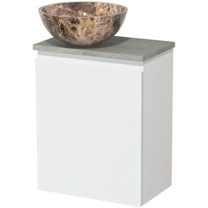 Toiletmeubel met waskom | 41 cm Mat wit Greeploos front Dark emperador Natuursteen waskom Grijs eiken blad