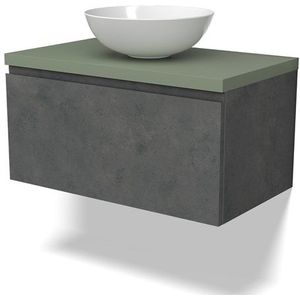 Modulo Plato Badkamermeubel voor waskom | 80 cm Donkergrijs beton Greeploos front Saliegroen blad 1 lade