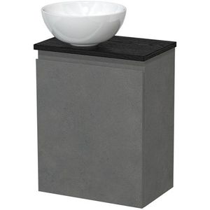 Toiletmeubel met waskom | 41 cm Donkergrijs beton Greeploos front Hoogglans wit Keramiek waskom Zwart eiken blad