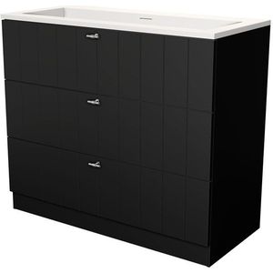 Modulo Badkamermeubel met wastafel | 100 cm Mat zwart Lamel front Solid surface 3 lades staand