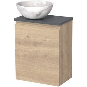 Toiletmeubel met waskom | 41 cm Lichtbruin eiken Greeploos front Wit marmer Natuursteen waskom Donkergrijs blad