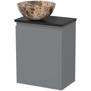 Toiletmeubel met waskom | 41 cm Middengrijs Greeploos front Dark emperador Natuursteen waskom Mat zwart blad