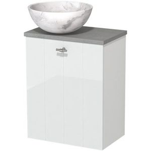 Toiletmeubel met waskom | 41 cm Hoogglans wit Lamel front Wit marmer Natuursteen waskom Lichtgrijs beton blad