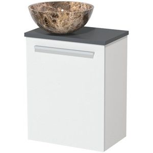 Toiletmeubel met waskom | 41 cm Mat wit Vlak front Dark emperador Natuursteen waskom Donkergrijs blad