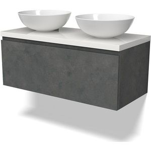 Modulo Plato Badkamermeubel voor waskom | 100 cm Donkergrijs beton Greeploos front Hoogglans wit blad 1 lade