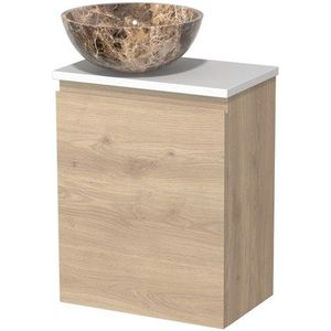 Toiletmeubel met waskom | 41 cm Lichtbruin eiken Greeploos front Dark emperador Natuursteen waskom Mat wit blad