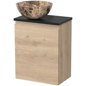 Toiletmeubel met waskom | 41 cm Lichtbruin eiken Greeploos front Dark emperador Natuursteen waskom Mat zwart blad