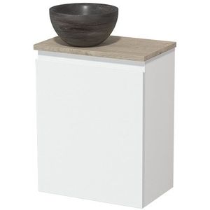 Toiletmeubel met waskom | 41 cm Mat wit Greeploos front Blue stone Natuursteen waskom Lichtgrijs eiken blad