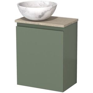 Toiletmeubel met waskom | 41 cm Saliegroen Greeploos front Wit marmer Natuursteen waskom Lichtgrijs eiken blad