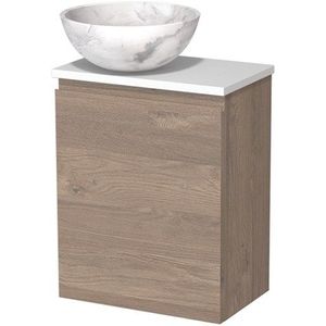 Toiletmeubel met waskom | 41 cm Middenbruin eiken Greeploos front Wit marmer Natuursteen waskom Mat wit blad