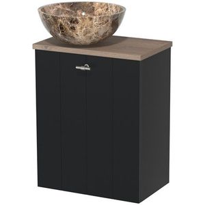 Toiletmeubel met waskom | 41 cm Mat zwart Lamel front Dark emperador Natuursteen waskom Middenbruin eiken blad