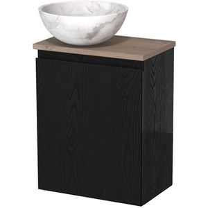 Toiletmeubel met waskom | 41 cm Zwart eiken Greeploos front Wit marmer Natuursteen waskom Middenbruin eiken blad