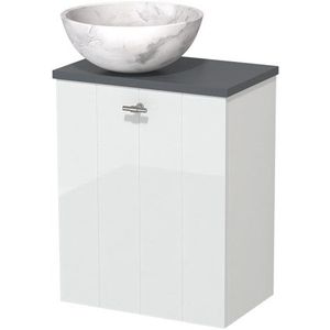 Toiletmeubel met waskom | 41 cm Hoogglans wit Lamel front Wit marmer Natuursteen waskom Donkergrijs blad