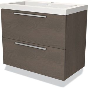 Modulo Badkamermeubel met wastafel | 80 cm Donkerbruin eiken Vlak front Solid surface 2 lades onder elkaar