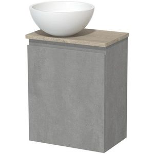 Toiletmeubel met waskom | 41 cm Lichtgrijs beton Greeploos front Mat wit Solid surface waskom Lichtgrijs eiken blad