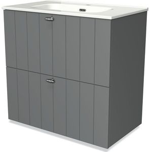 Modulo Badkamermeubel met wastafel | 80 cm Middengrijs Lamel front Keramiek 2 hoge lades onder elkaar