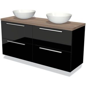 Modulo Plato Badkamermeubel voor waskom | 140 cm Hoogglans zwart Vlak front Middenbruin eiken blad 4 lades