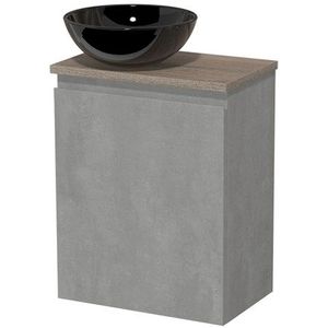 Toiletmeubel met waskom | 41 cm Lichtgrijs beton Greeploos front Hoogglans zwart Keramiek waskom Eiken blad