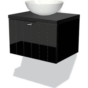 Modulo Plato Badkamermeubel voor waskom | 60 cm Hoogglans zwart Lamel front Mat zwart blad 1 lade