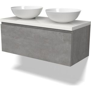 Modulo Plato Badkamermeubel voor waskom | 100 cm Lichtgrijs beton Greeploos front Hoogglans wit blad 1 lade
