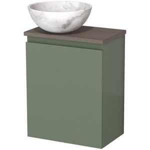 Toiletmeubel met waskom | 41 cm Saliegroen Greeploos front Wit marmer Natuursteen waskom Donkerbruin eiken blad