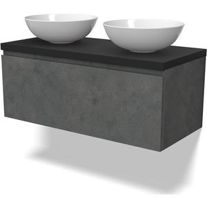 Modulo Plato Badkamermeubel voor waskom | 100 cm Donkergrijs beton Greeploos front Mat zwart blad 1 lade